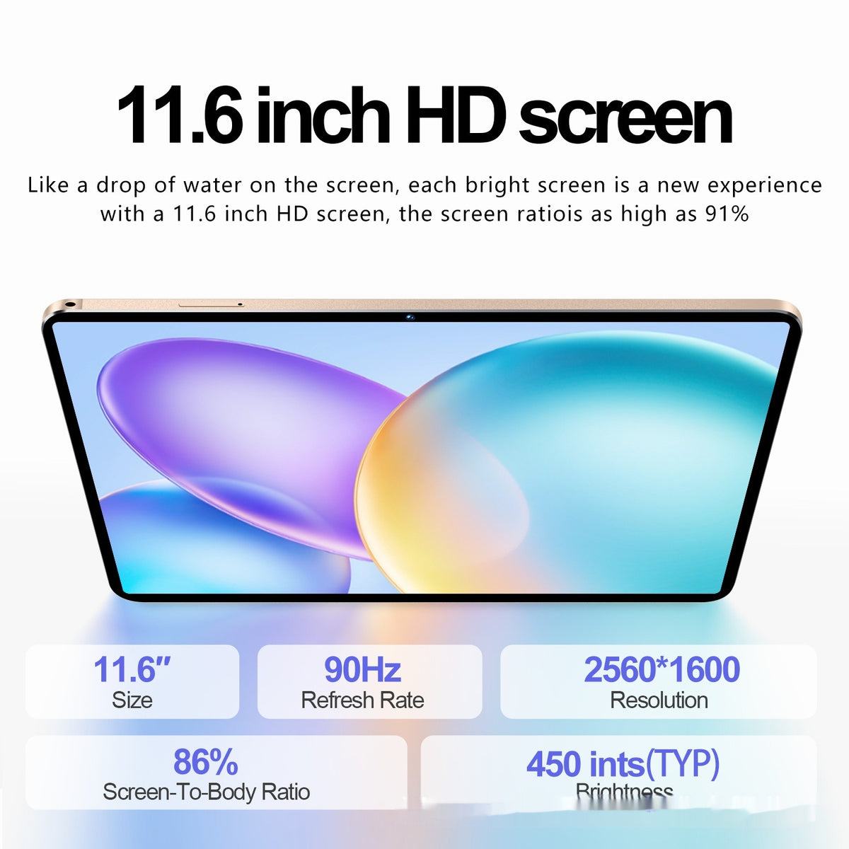 11.6 inch HD screen with specifications on a white background