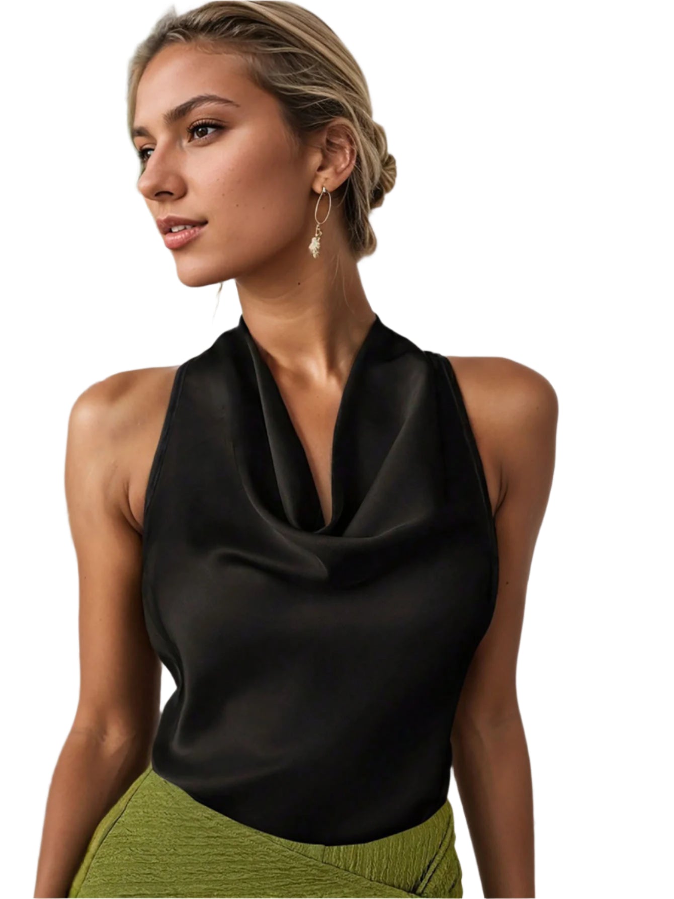 Women’s solid color swing collar sleeveless vest with halter neckline and backless design.


