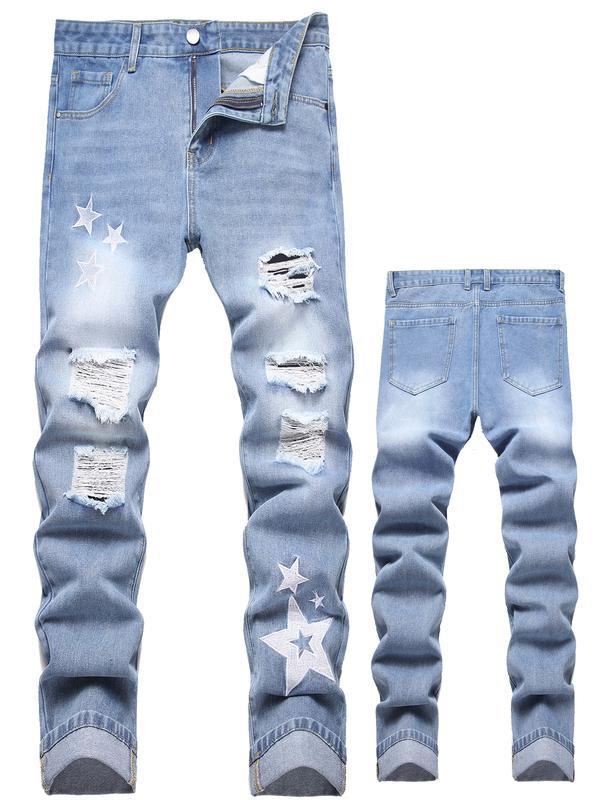Men's moto-inspired skinny jeans with ripped denim and zipper details