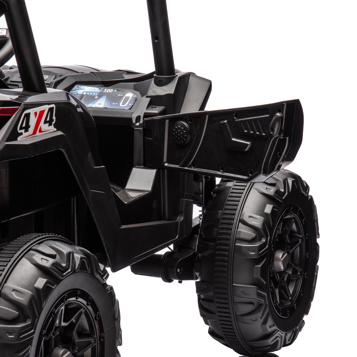Side by side 4x4 ride-on truck for kids, featuring a durable design with working headlights, adjustable seat, and forward/reverse motion. Equipped with realistic off-road tires and easy-to-use controls, this electric truck provides an exciting outdoor adventure for children ages 3-7
