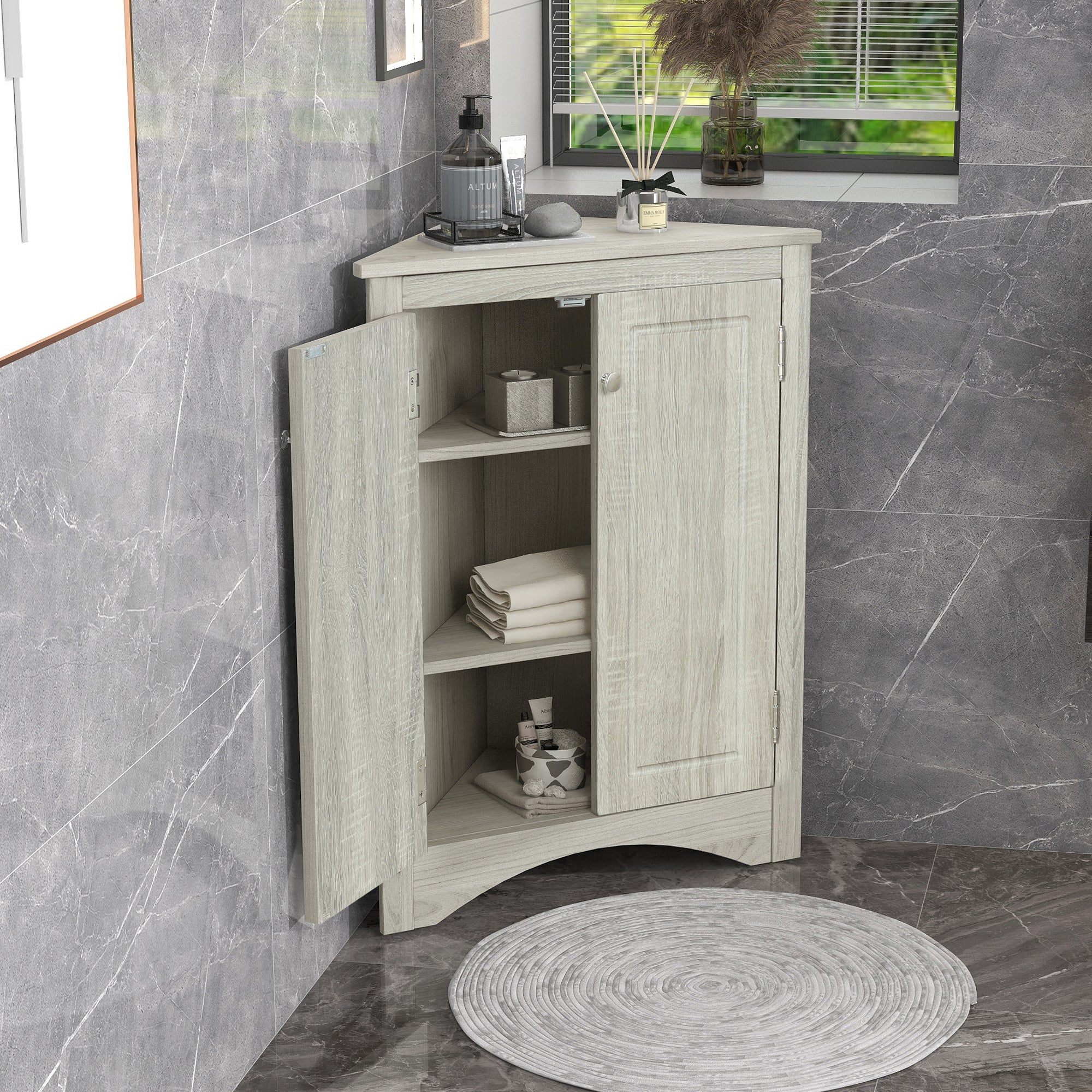 Oak triangle bathroom storage cabinet with a stylish, space-saving design, featuring multiple shelves for organizing toiletries, towels, and other bathroom essentials. Crafted from durable oak wood, this elegant cabinet adds both functionality and natural charm to any bathroom
