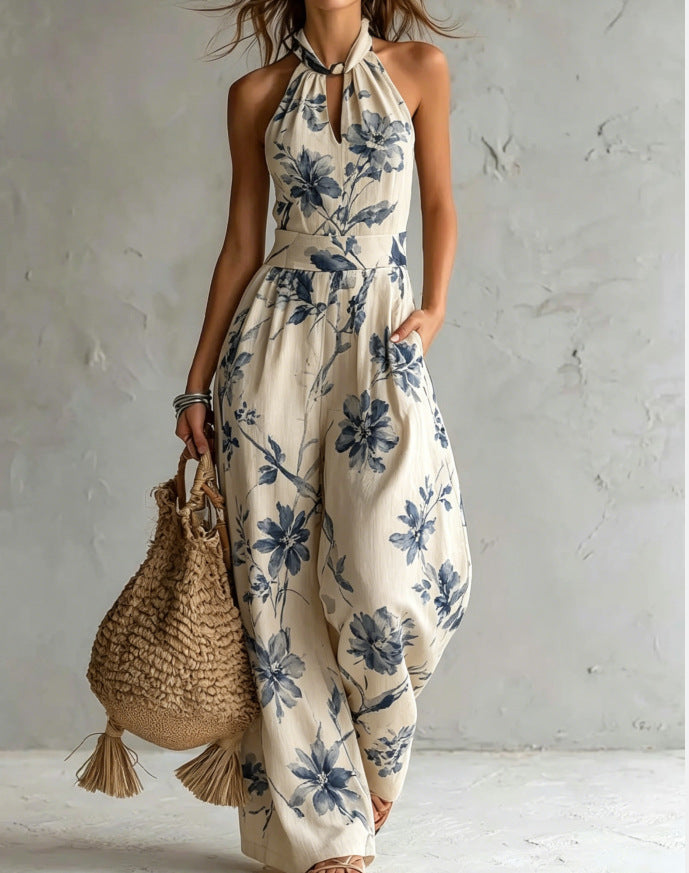 New halter backless jumpsuit, blue and white tie-dye wide-leg pants, summer beach women's wear Hot Deal Warehouse