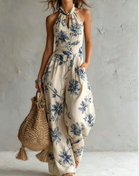 New halter backless jumpsuit, blue and white tie-dye wide-leg pants, summer beach women's wear Hot Deal Warehouse
