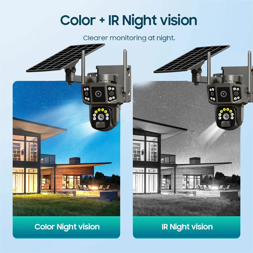 Outdoor solar-powered security camera with pan-tilt rotation, night vision, and remote monitoring for off-grid surveillance.

