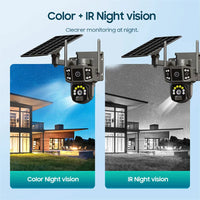 Outdoor solar-powered security camera with pan-tilt rotation, night vision, and remote monitoring for off-grid surveillance.

