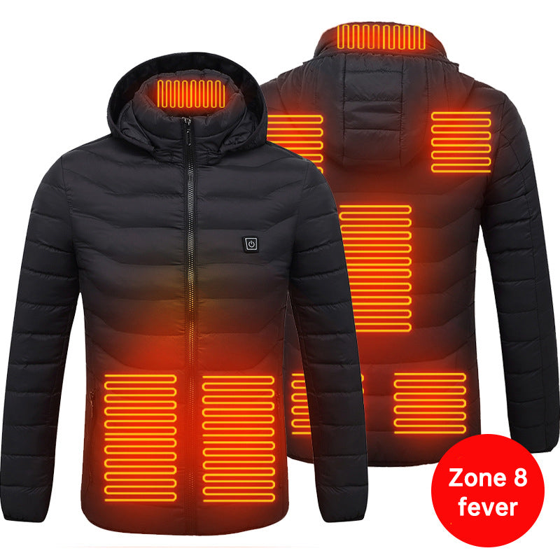 Men's and women's USB heated jacket with hoodie, front view

