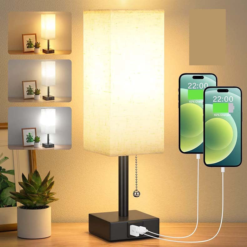 Modern square linen desk lamp with USB charging ports and 3-color dimmable lighting on a minimalist nightstand

