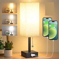 Modern square linen desk lamp with USB charging ports and 3-color dimmable lighting on a minimalist nightstand

