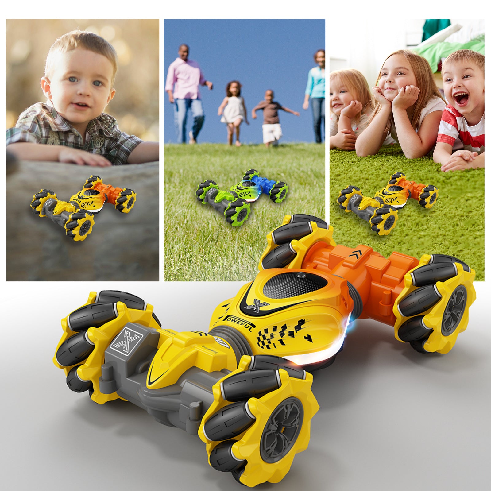 Gesture-controlled RC transforming stunt car with watch remote and double-sided climbing action.








