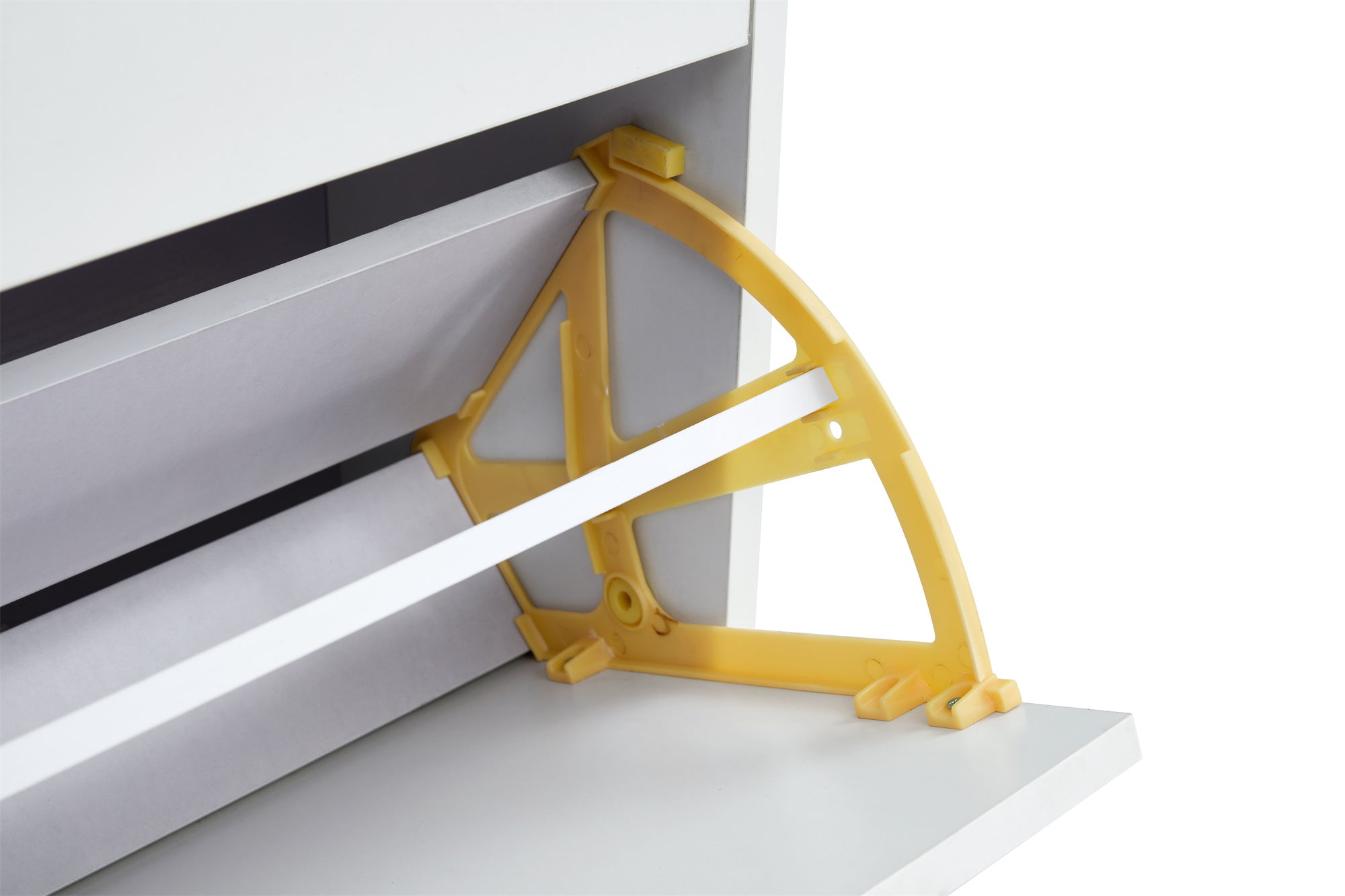 White shoe cabinet with open shelves and metal legs