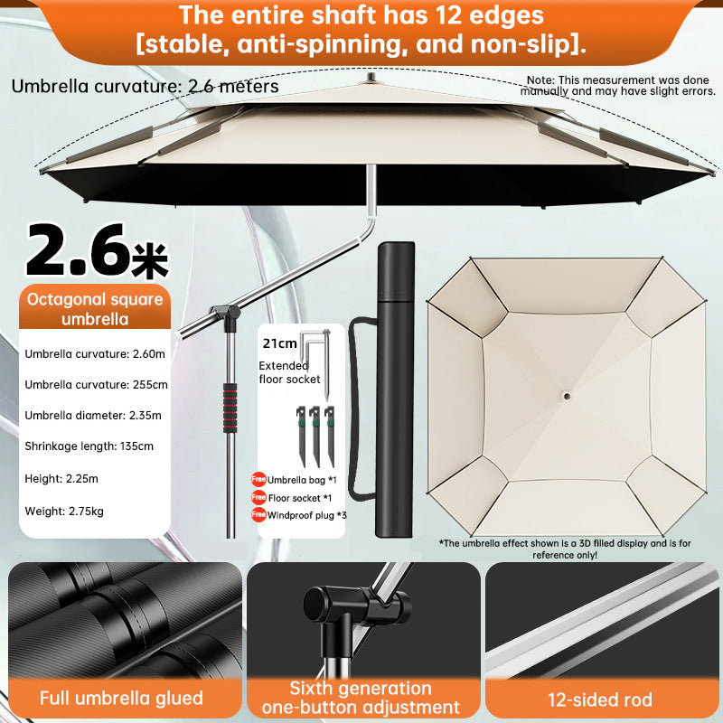 2.0-2.6m Octagonal Fishing Umbrella Portable Beach Sun Shade Camping Parasol UV Waterproof with Carry Bag Hot Deal Warehouse
