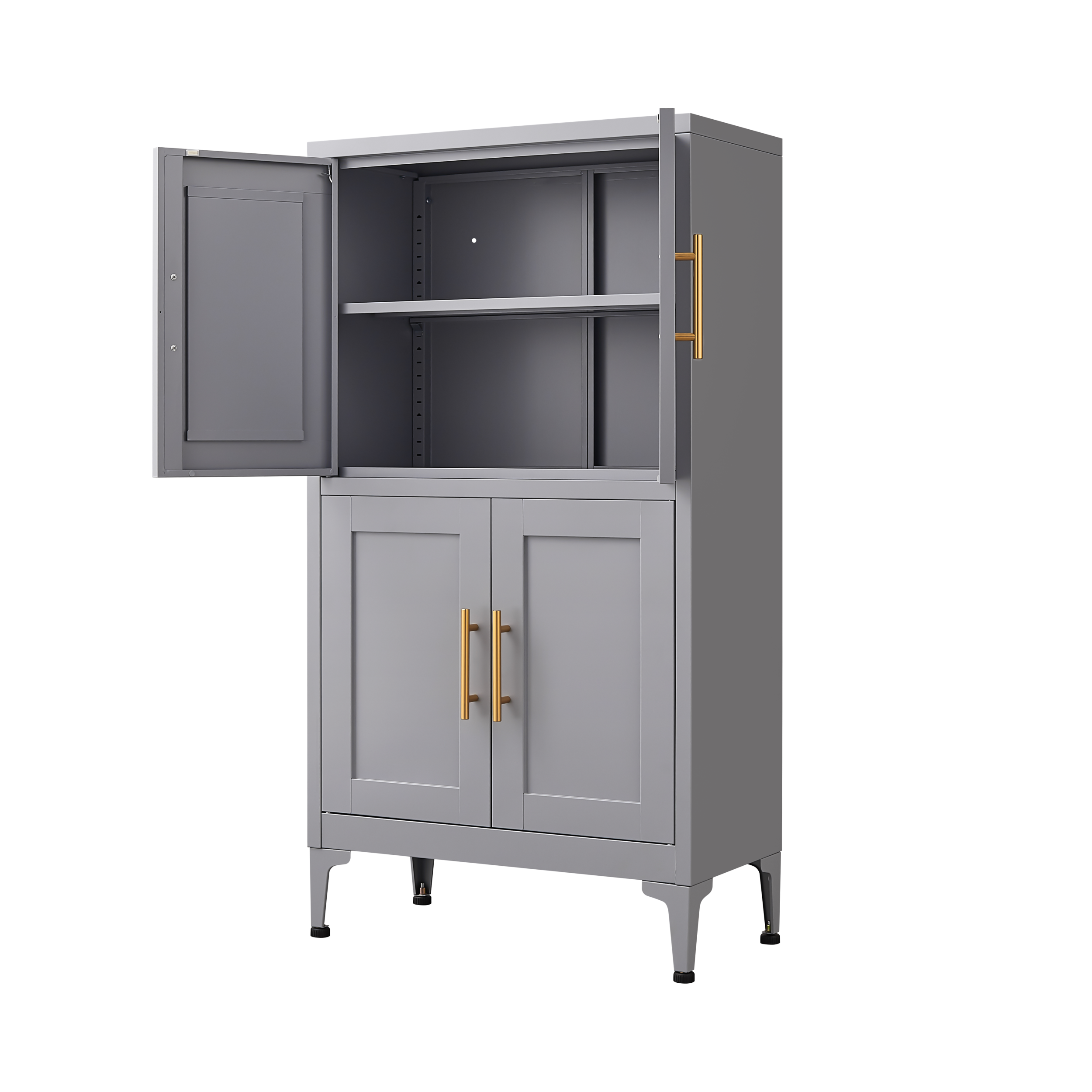 Grey metal kitchen storage cabinet with door and adjustable shelf in a modern kitchen