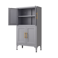 Grey metal kitchen storage cabinet with door and adjustable shelf in a modern kitchen