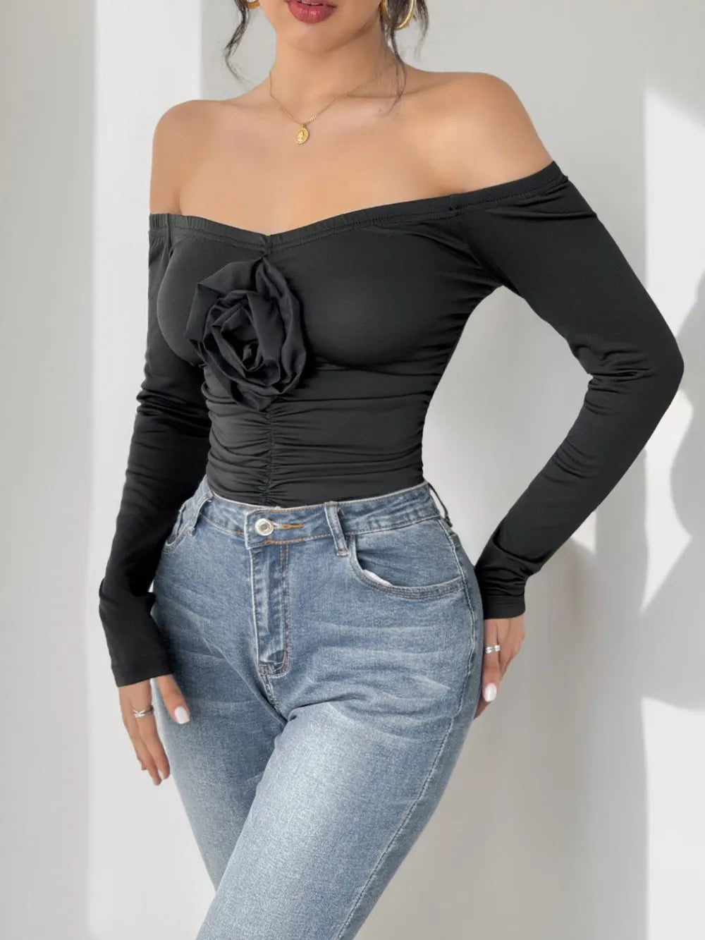 “Floral Ruched Off Shoulder Bodysuit for Women – women’s trendy off-shoulder bodysuit with floral print and ruched details – Hot Deal Warehouse fashion”

