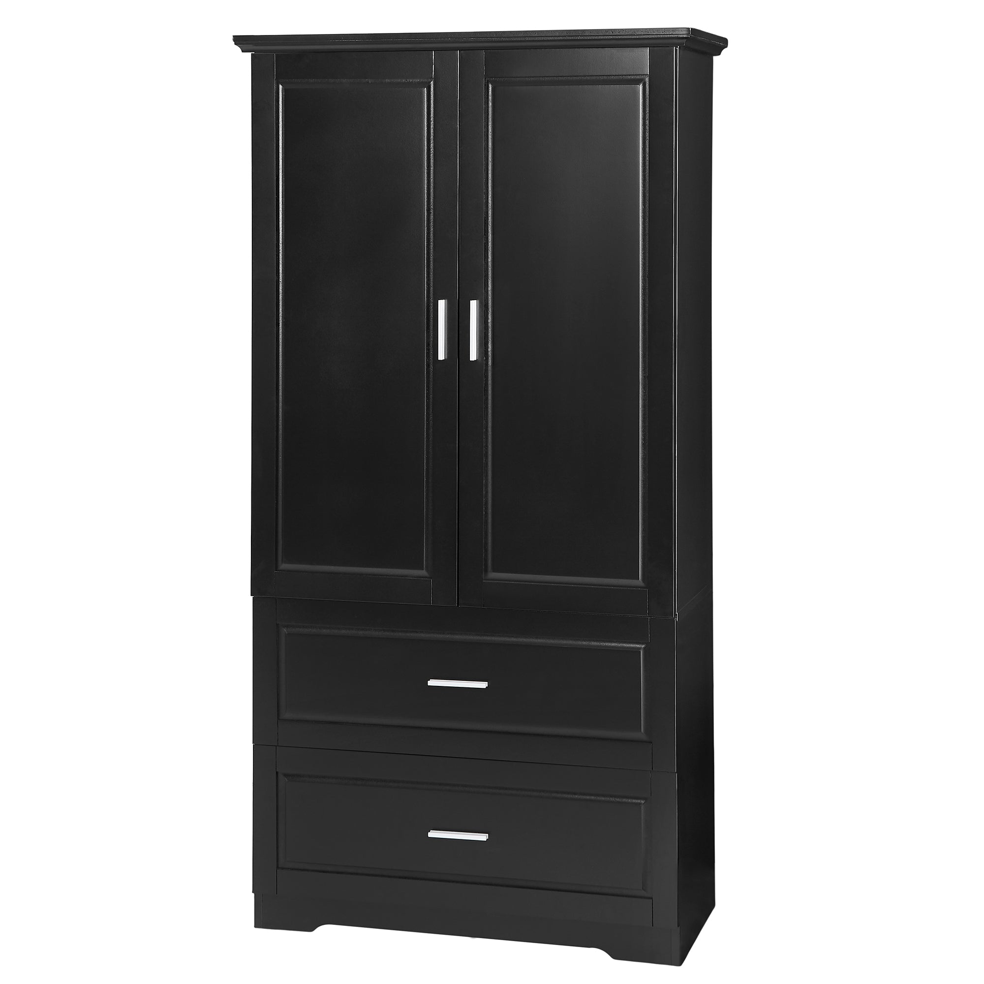 Black MDF tall bathroom storage cabinet with two doors and drawers