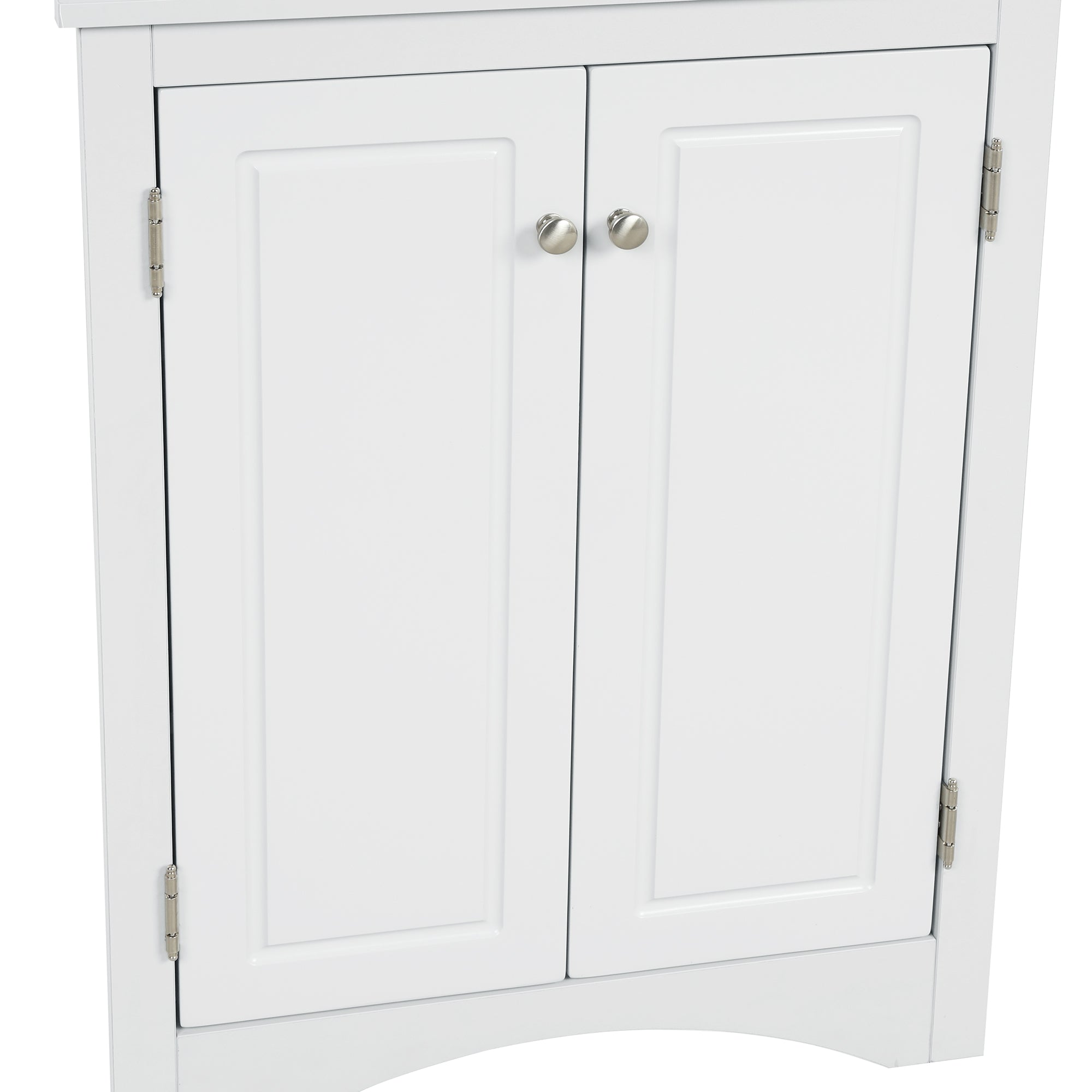 White triangle bathroom storage cabinet with a compact, space-saving design, featuring multiple shelves for organizing toiletries, towels, and other bathroom essentials. Made from durable materials, this sleek cabinet adds a functional and stylish touch to any bathroom decor.