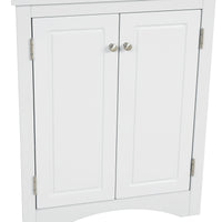 White triangle bathroom storage cabinet with a compact, space-saving design, featuring multiple shelves for organizing toiletries, towels, and other bathroom essentials. Made from durable materials, this sleek cabinet adds a functional and stylish touch to any bathroom decor.