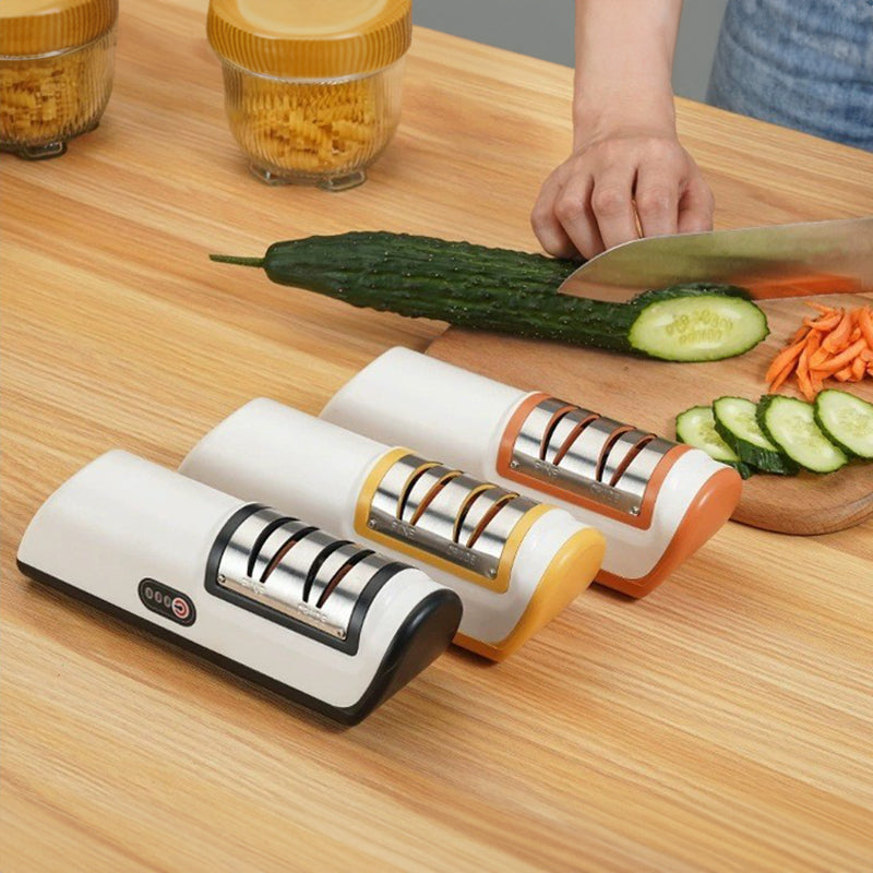 Compact multifunctional electric knife sharpener for kitchen use – automatic professional tool.

