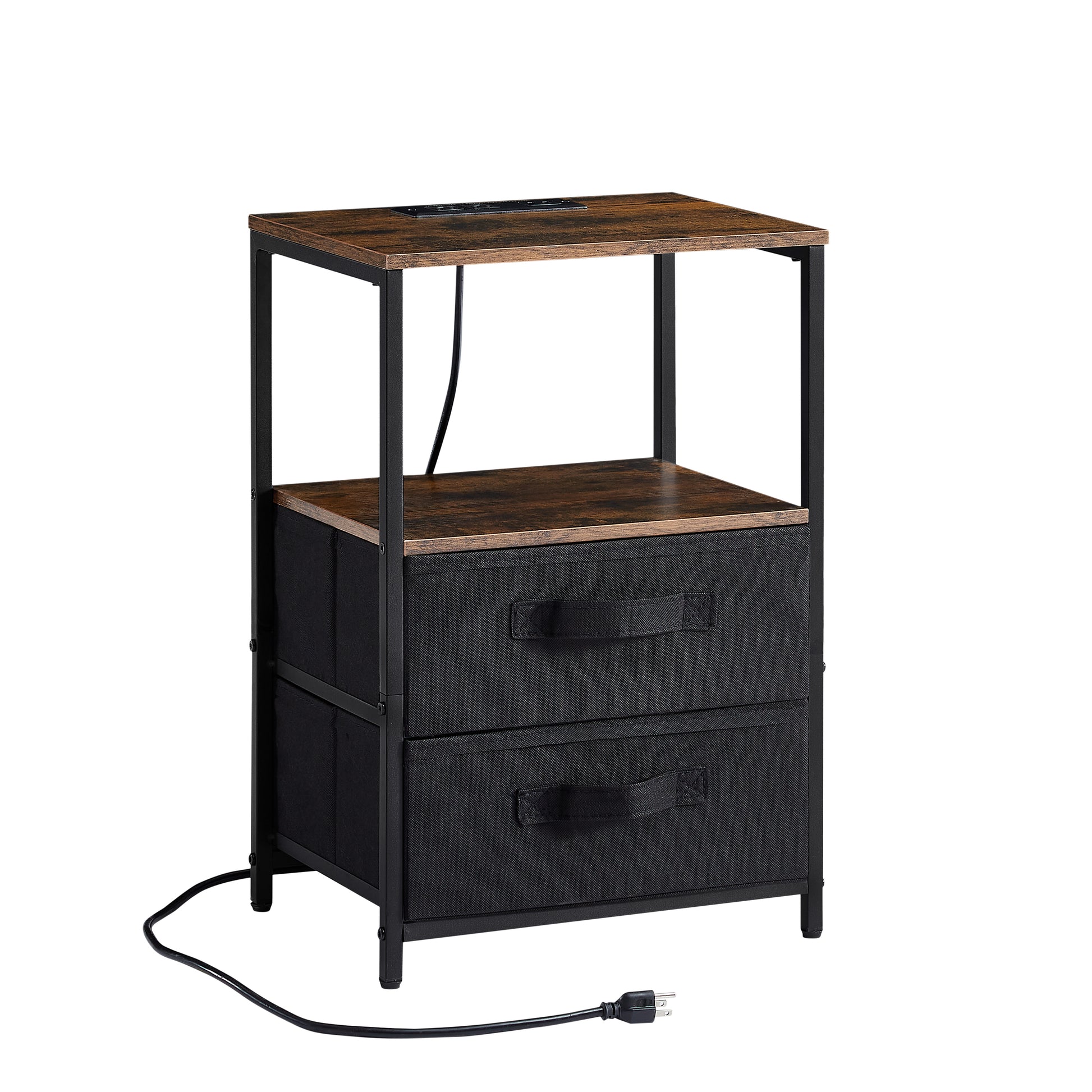Modern tea table with USB port, outlet, and two drawers, front view

