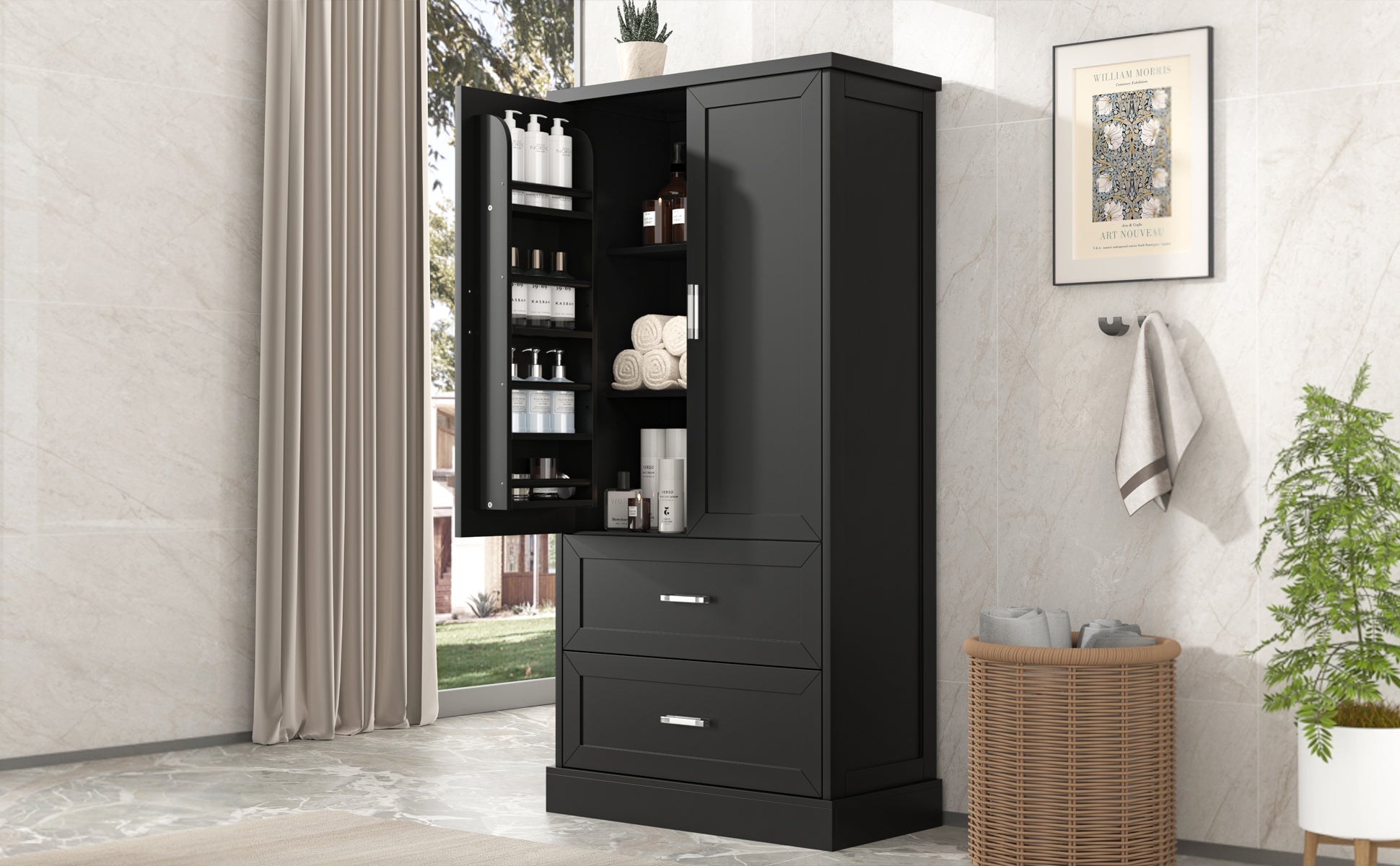 Tall black bathroom storage cabinet with doors and drawers