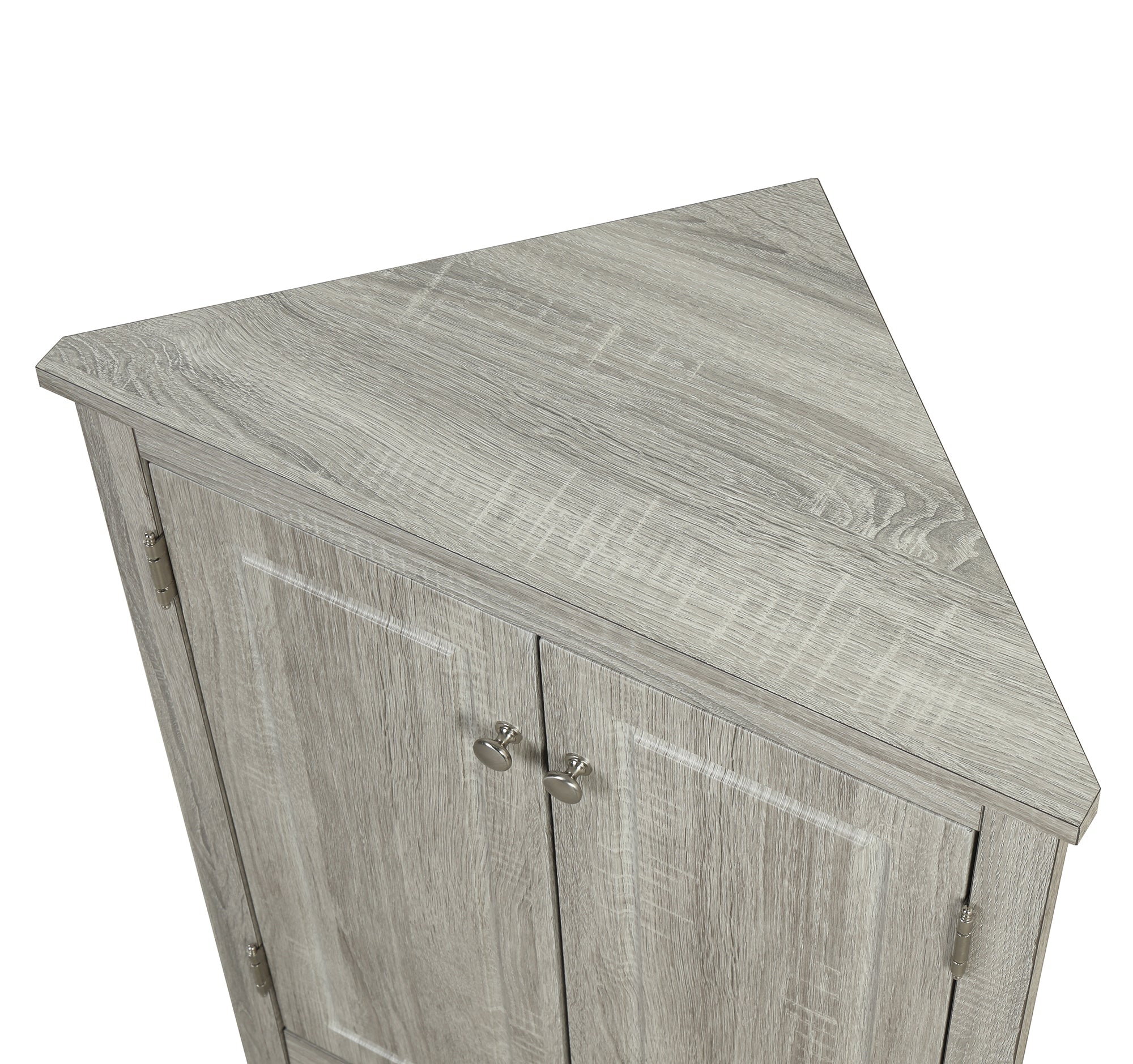 Oak triangle bathroom storage cabinet with a stylish, space-saving design, featuring multiple shelves for organizing toiletries, towels, and other bathroom essentials. Crafted from durable oak wood, this elegant cabinet adds both functionality and natural charm to any bathroom