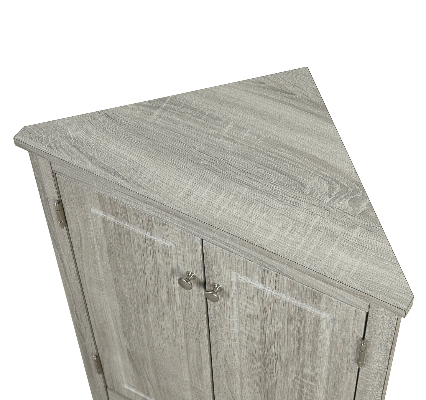 Oak triangle bathroom storage cabinet with a stylish, space-saving design, featuring multiple shelves for organizing toiletries, towels, and other bathroom essentials. Crafted from durable oak wood, this elegant cabinet adds both functionality and natural charm to any bathroom