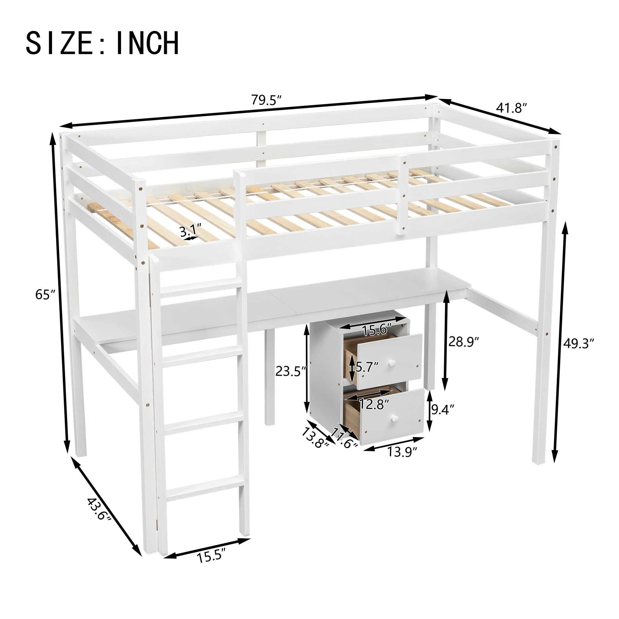 Full view of white twin loft bed with built-in desk and drawers underneath

