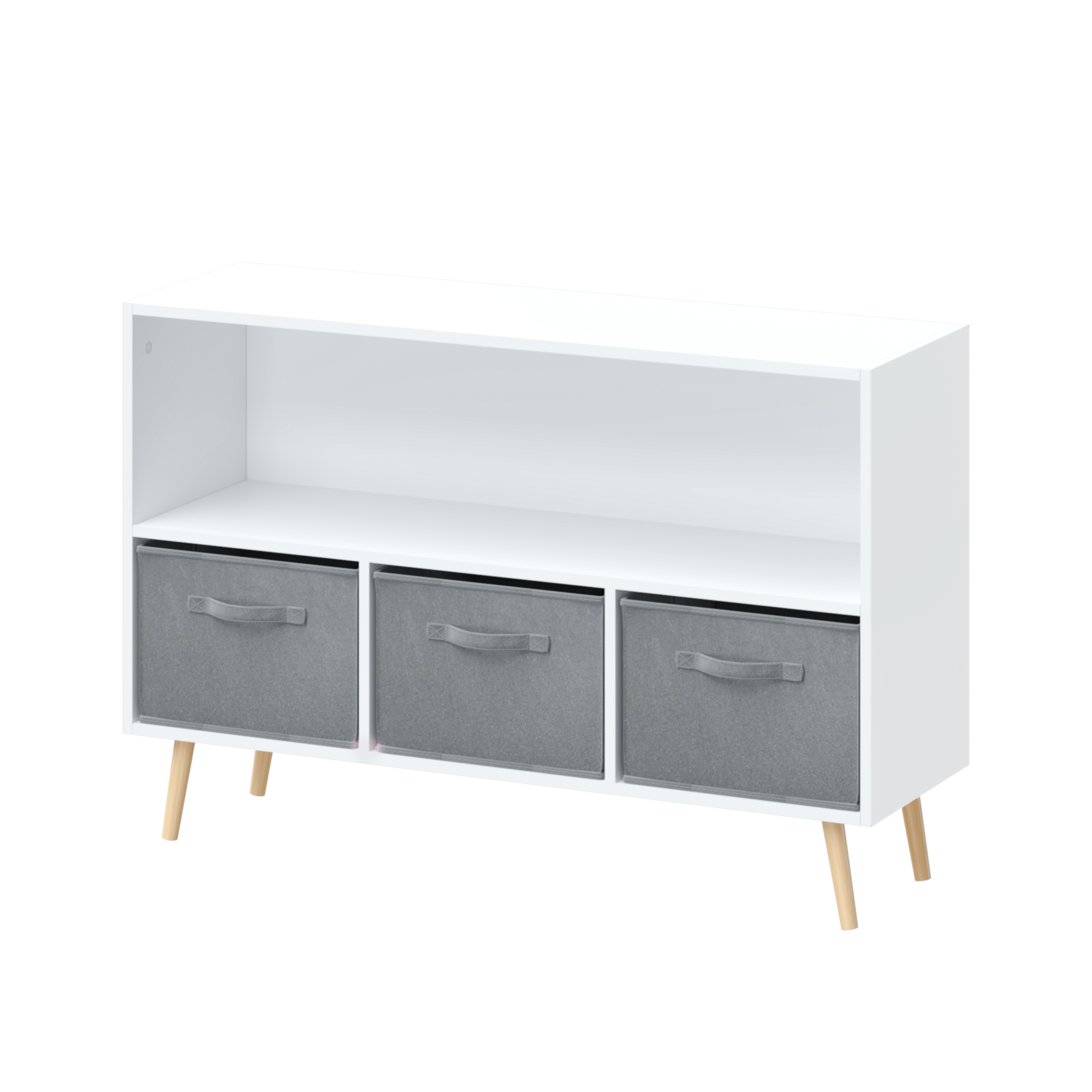 White kids bookcase with gray fabric drawers and books displayed