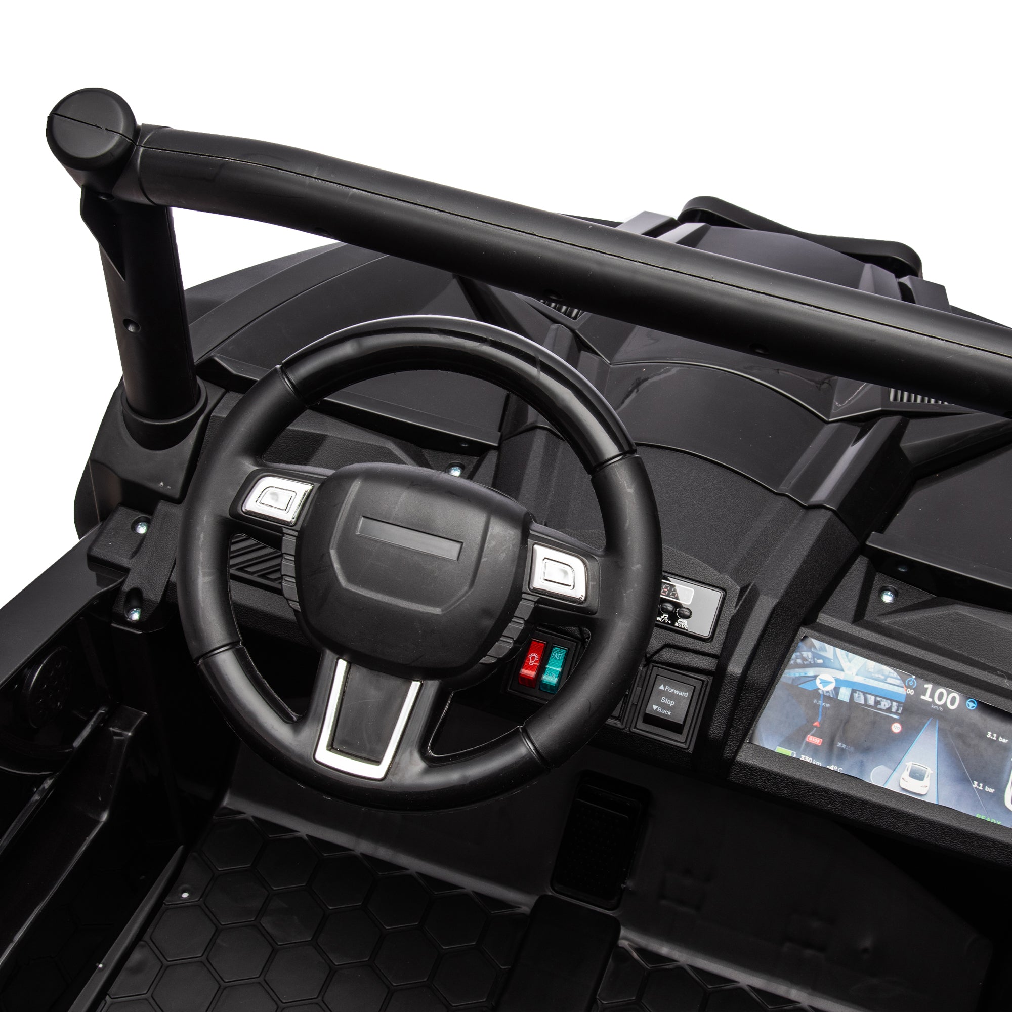 Side by side 4x4 ride-on truck for kids, featuring a durable design with working headlights, adjustable seat, and forward/reverse motion. Equipped with realistic off-road tires and easy-to-use controls, this electric truck provides an exciting outdoor adventure for children ages 3-7