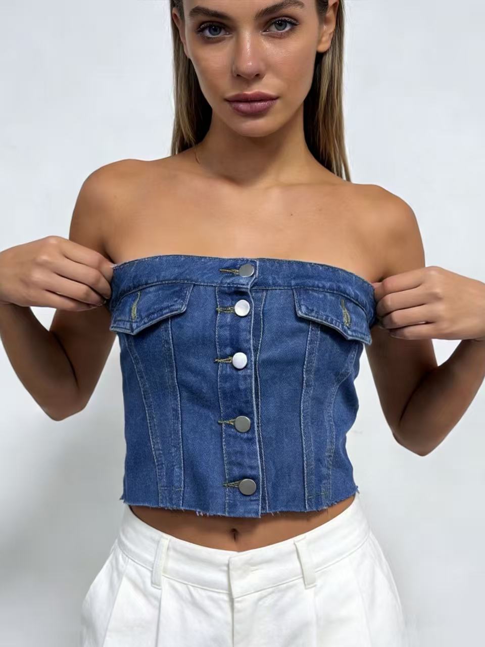 slim fit bandeau denim top