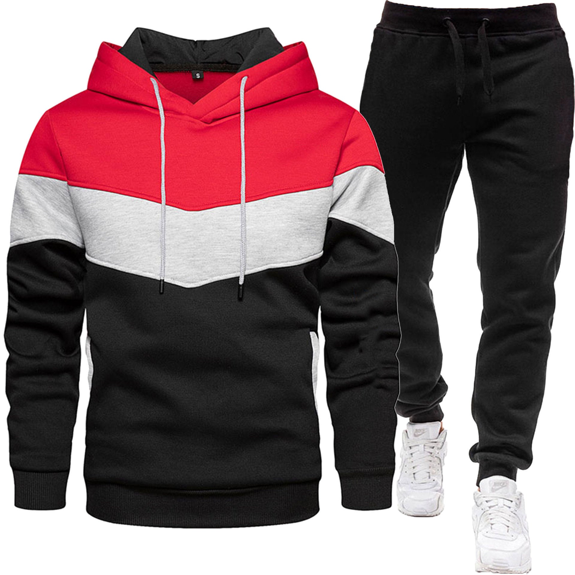 Men's three-color hoodie and jogger pants two-piece set, front view

