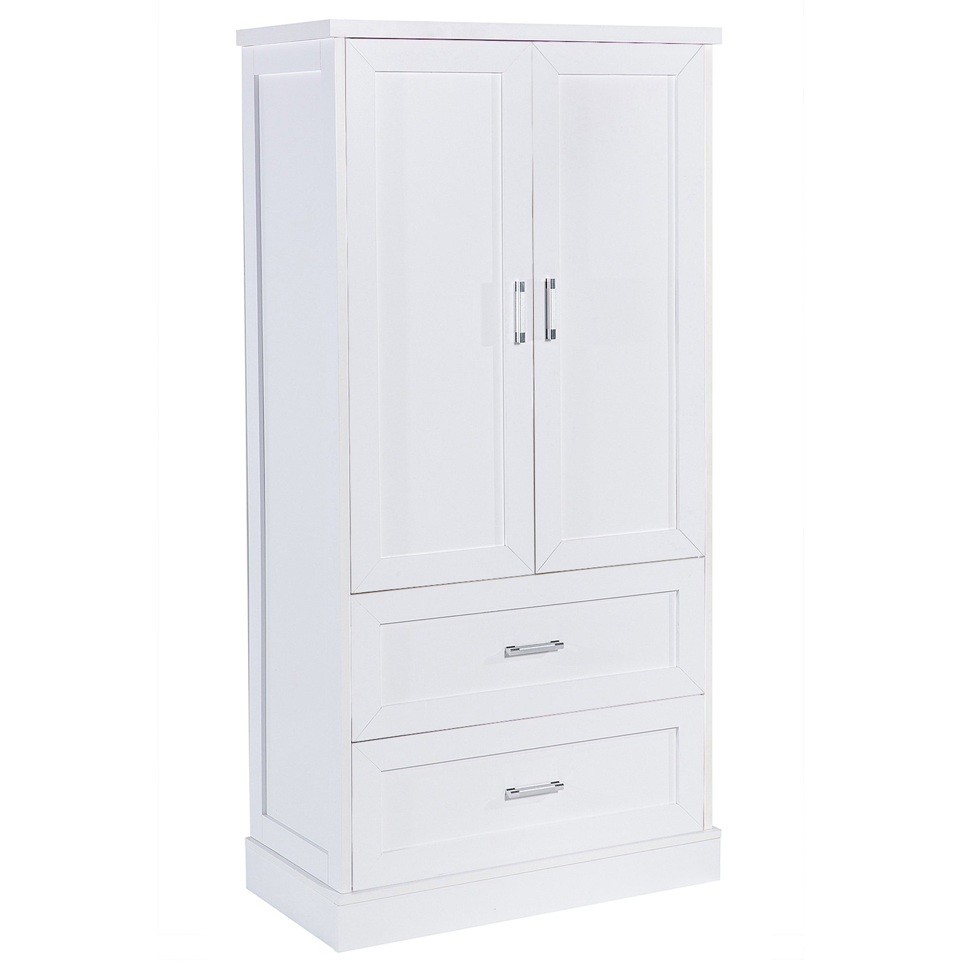 Tall white bathroom cabinet with drawers and double doors