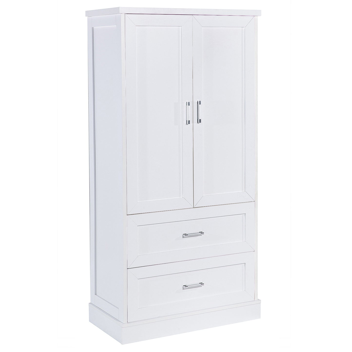 Tall white bathroom cabinet with drawers and double doors