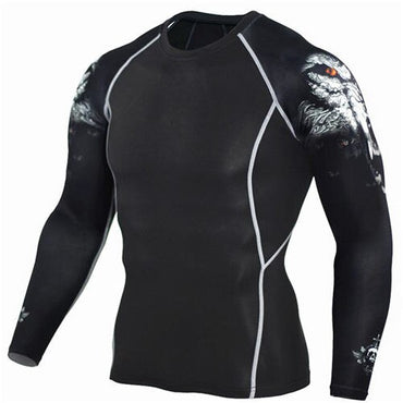 Wolf 3D printed compression t-shirt and tights set, featuring a bold wolf design, made from stretchy, moisture-wicking fabric for enhanced performance and comfort during workouts