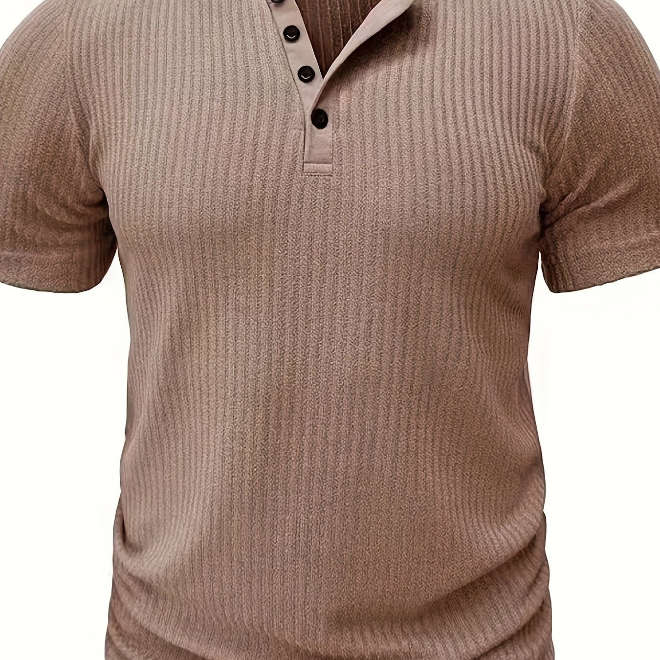 Men’s solid stripe pattern knit short sleeve Henley T-shirt—chic and stylish sports top for summer.








