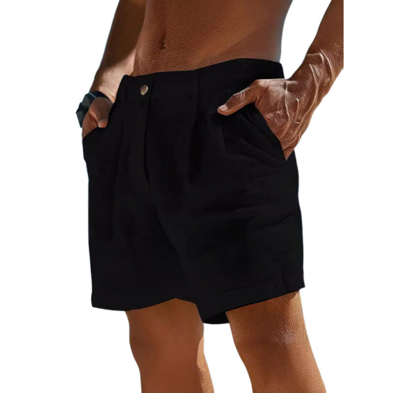 Men’s lightweight linen shorts with button pocket, breathable and stylish for summer wear.








