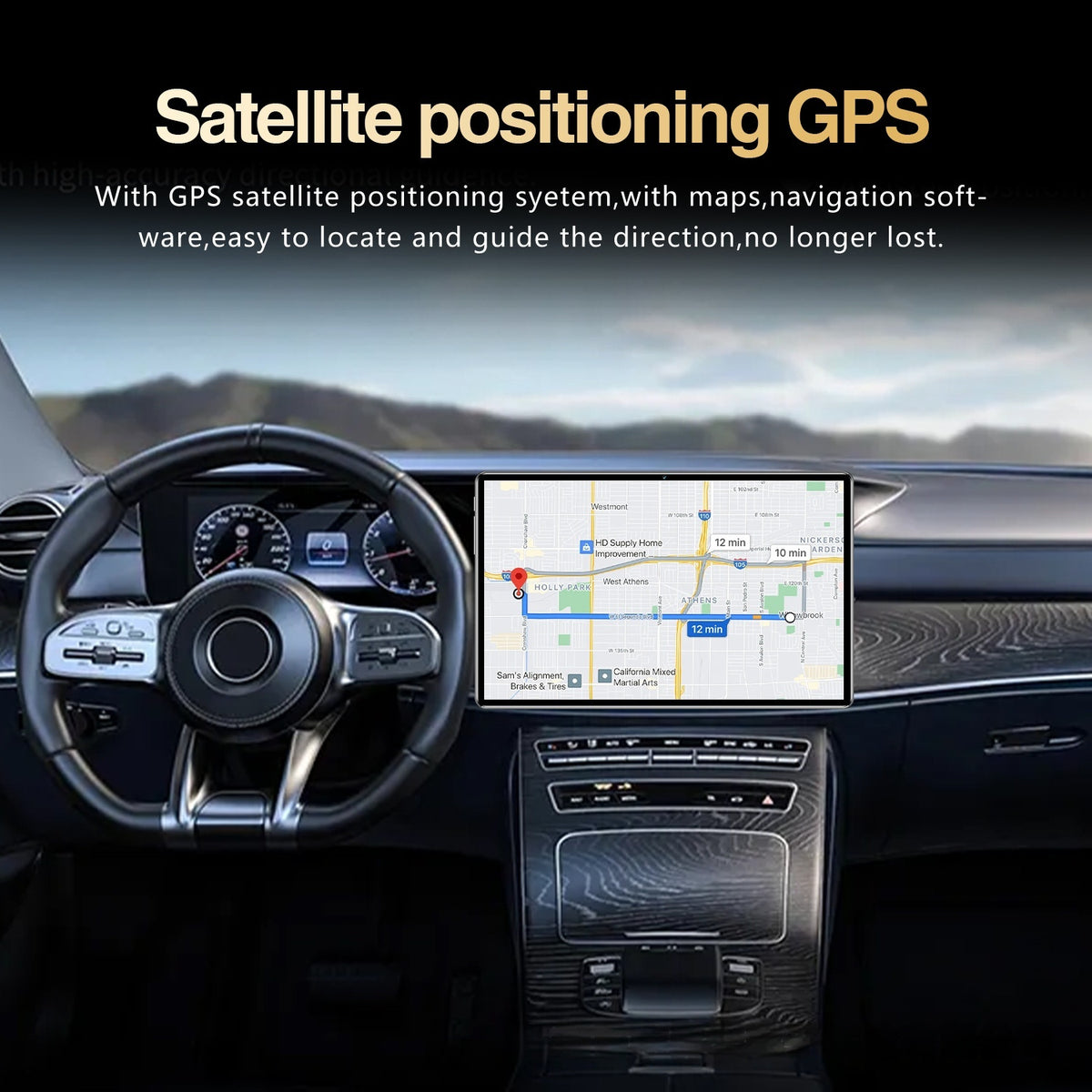 Car dashboard with GPS navigation system displaying a map, with text about satellite positioning GPS.