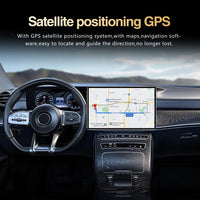 Car dashboard with GPS navigation system displaying a map, with text about satellite positioning GPS.