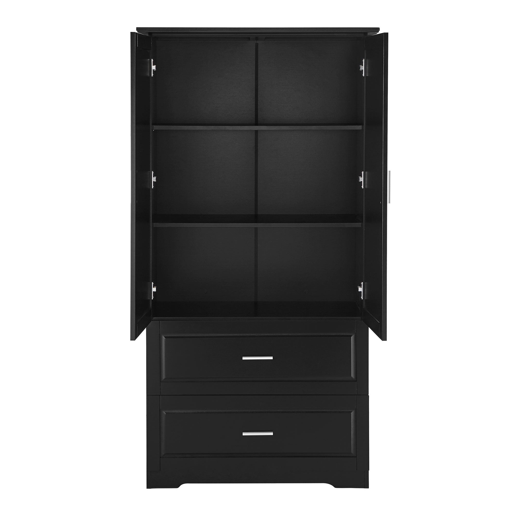 Black MDF tall bathroom storage cabinet with two doors and drawers
