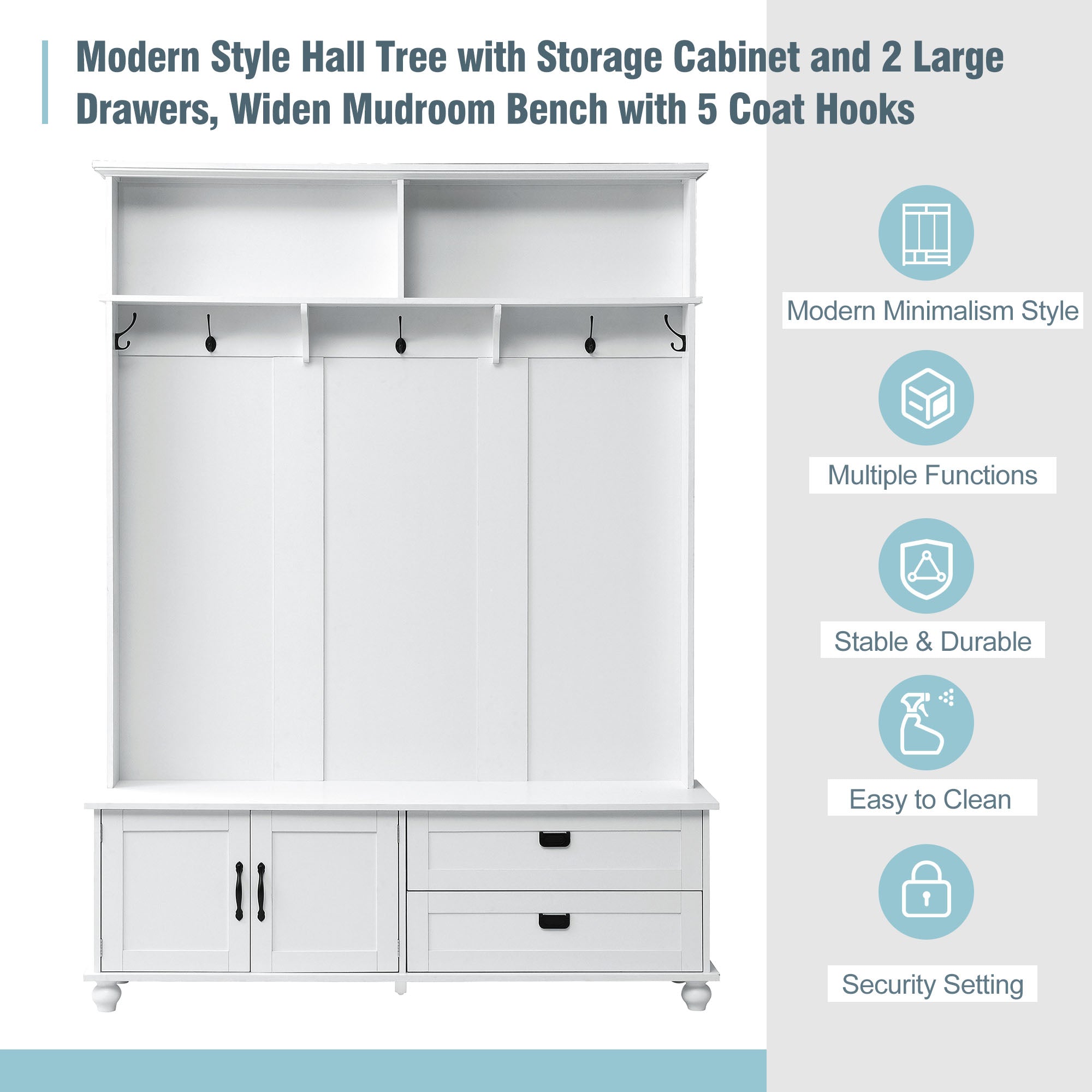 ON-TREND white hall tree with bench, coat hooks, drawers, and cabinet