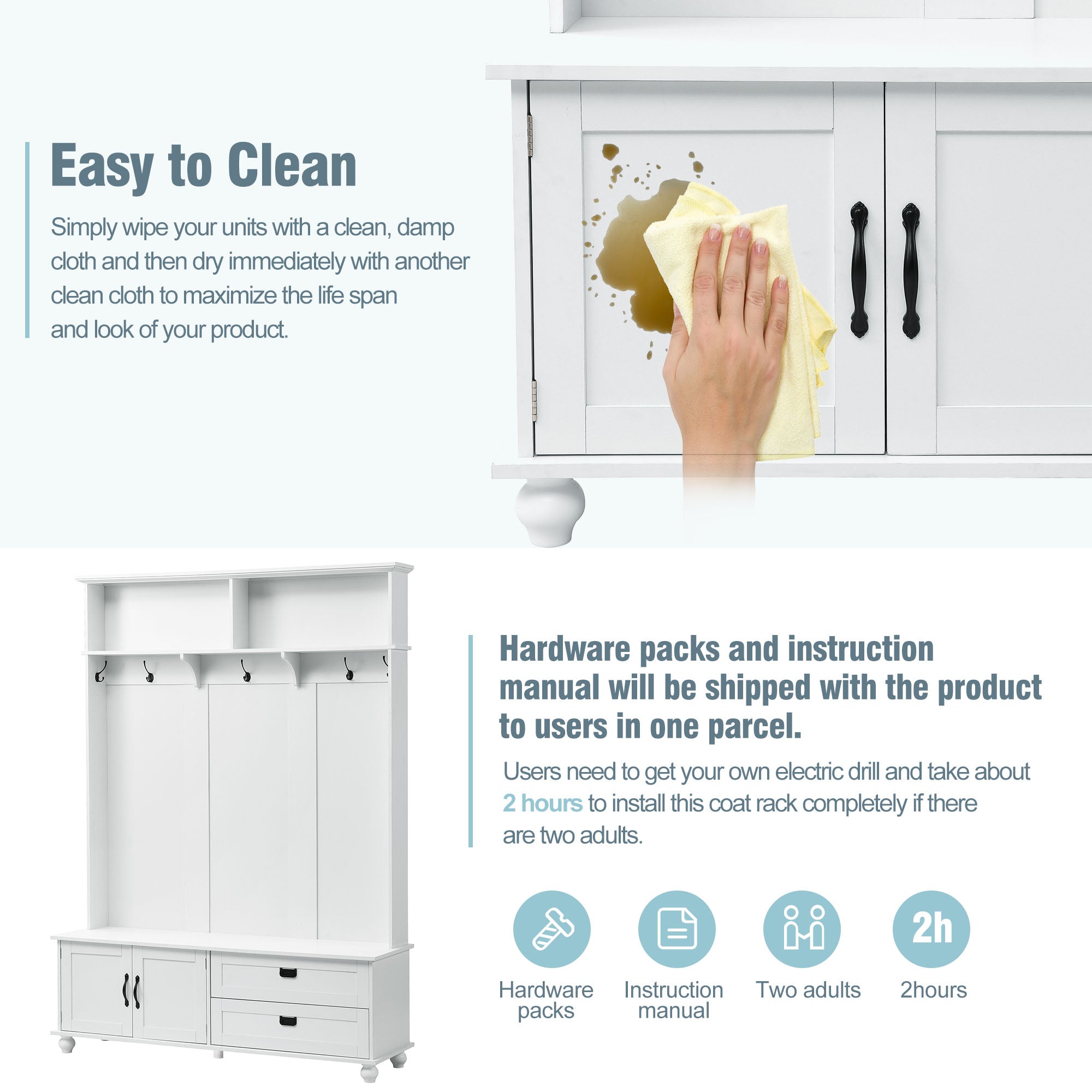 ON-TREND white hall tree with bench, coat hooks, drawers, and cabinet