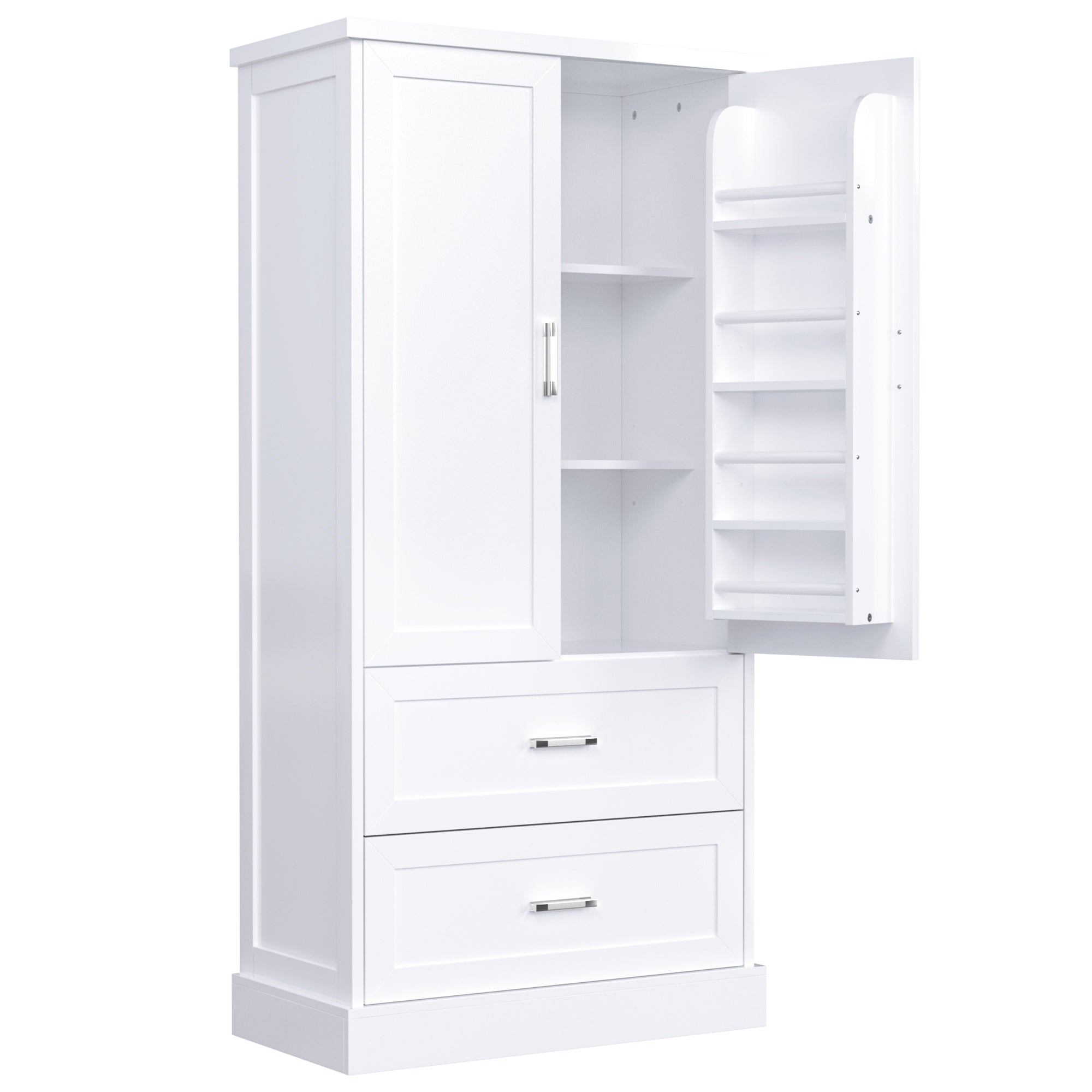 Tall white bathroom cabinet with drawers and double doors