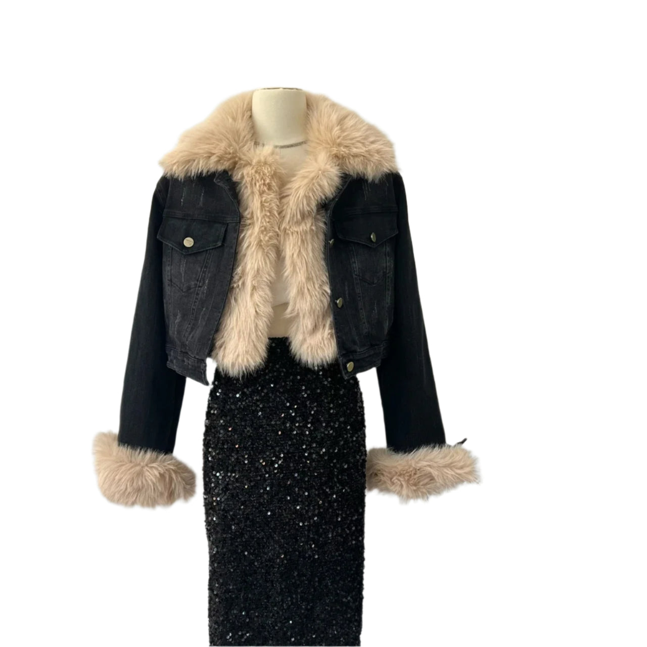 Model wearing the Temperament O-neck lambswool fur coat with contrast color design