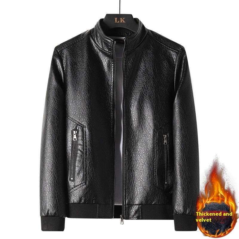 Plus Size Men's Simplicity Leather Coat – Black PU leather jacket with a sleek zipper closure, offering comfort and style for all body types.









