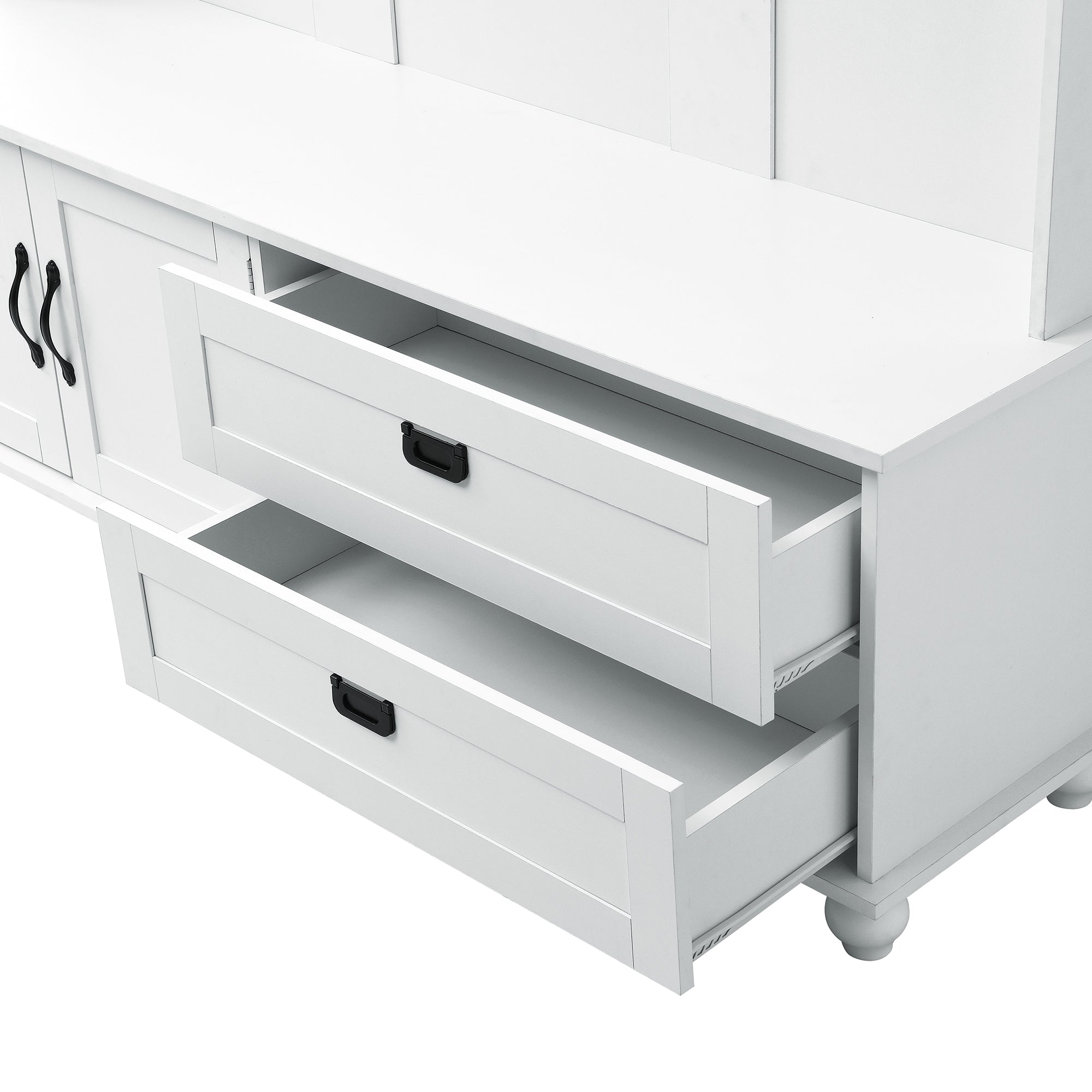 ON-TREND white hall tree with bench, coat hooks, drawers, and cabinet