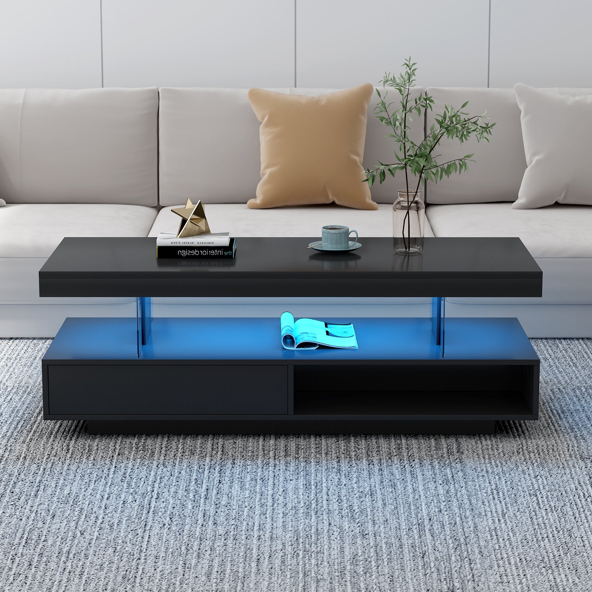 U-Can black LED coffee table with drawers and display shelf
