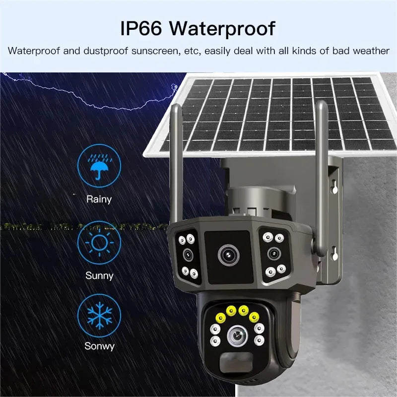Outdoor solar-powered security camera with pan-tilt rotation, night vision, and remote monitoring for off-grid surveillance.

