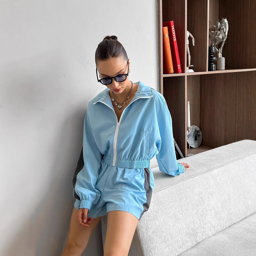 Zippered Long Sleeved Top and Sports Shorts Set Hot Deal Warehouse
