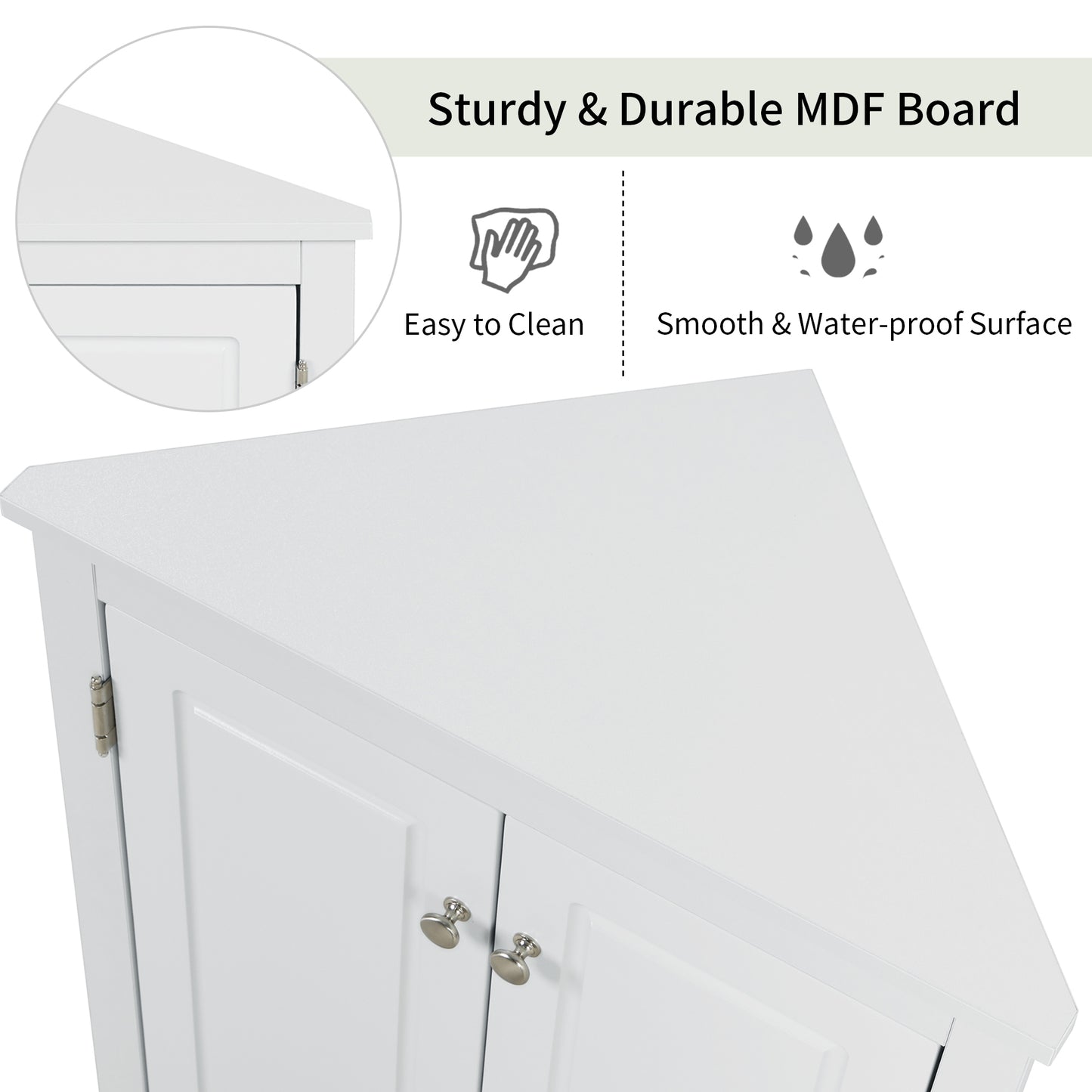 White triangle bathroom storage cabinet with a compact, space-saving design, featuring multiple shelves for organizing toiletries, towels, and other bathroom essentials. Made from durable materials, this sleek cabinet adds a functional and stylish touch to any bathroom decor.