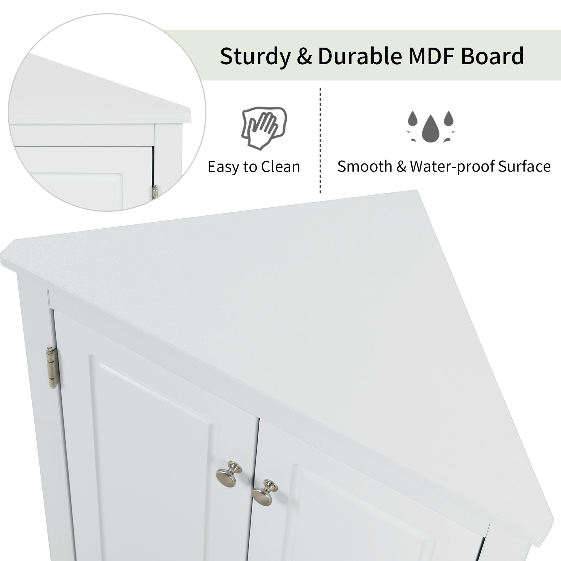 White triangle bathroom storage cabinet with a compact, space-saving design, featuring multiple shelves for organizing toiletries, towels, and other bathroom essentials. Made from durable materials, this sleek cabinet adds a functional and stylish touch to any bathroom decor.
